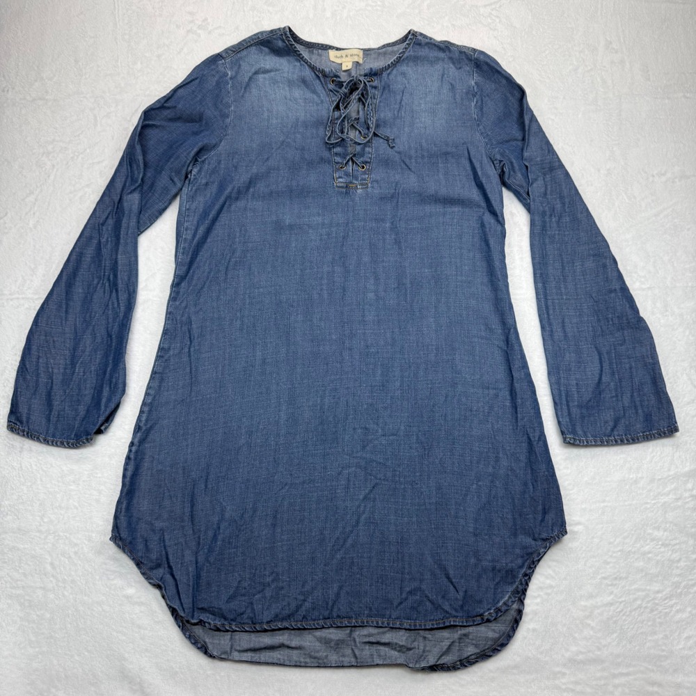 Cloth & Stone Denim Dress Bell Sleeve Lace Up Tencel Lyocell Blue Size S